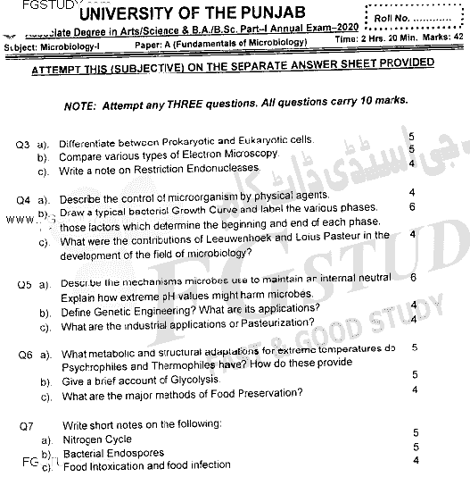 BSc Part 1 Microbiology 1 Fundamentals Of Microbiology Past Paper 2020 Punjab University Subjective