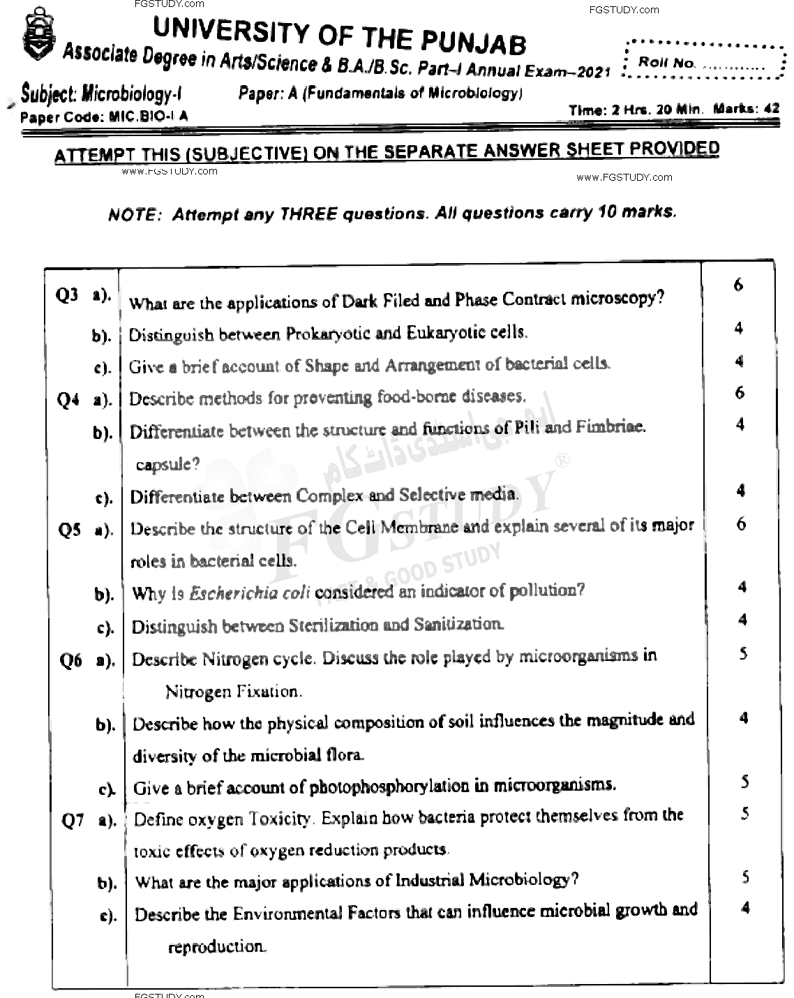 BSc Part 1 Microbiology 1 Fundamentals Of Microbiology Past Paper 2021 Punjab University Subjective