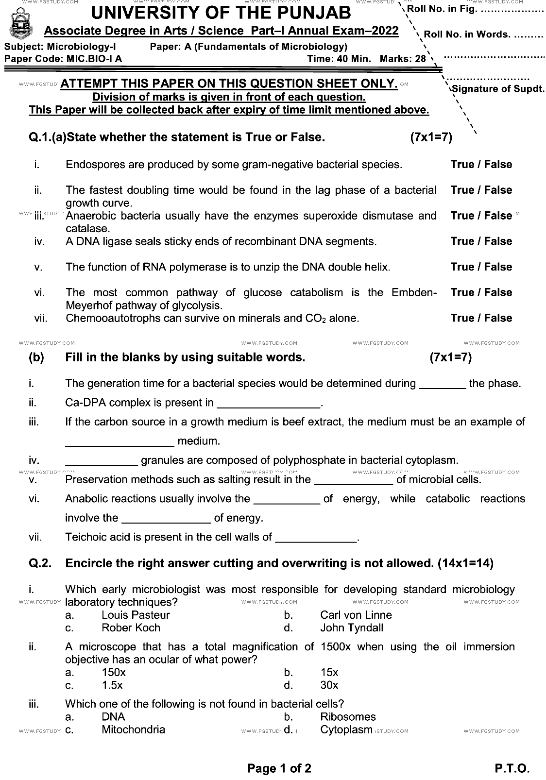 BSc Part 1 Microbiology 1 Fundamentals Of Microbiology Past Paper 2022 Punjab University Objective