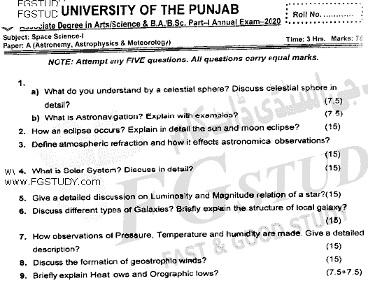 BSc Part 1 Space Science 1 Astronomy Astrophysics And Meteorology Past Paper 2020 Punjab University
