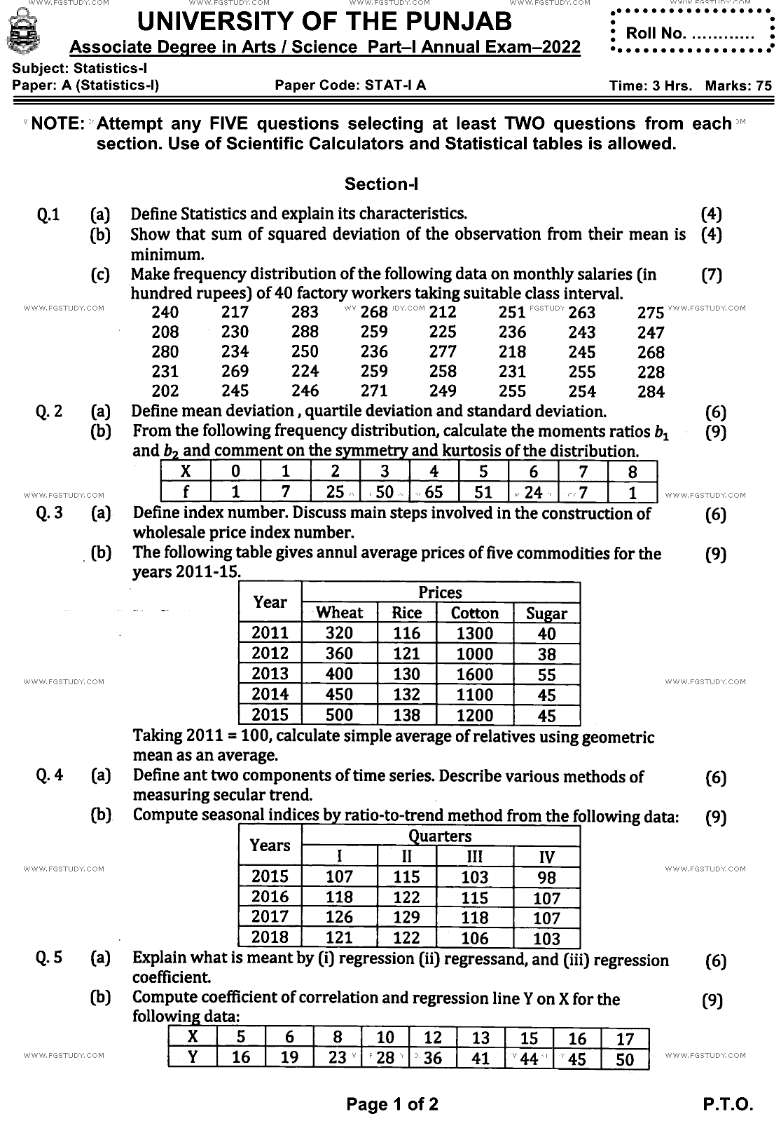 BSc Part 1 Statistics 1 Past Paper 2022 Punjab University Subjective