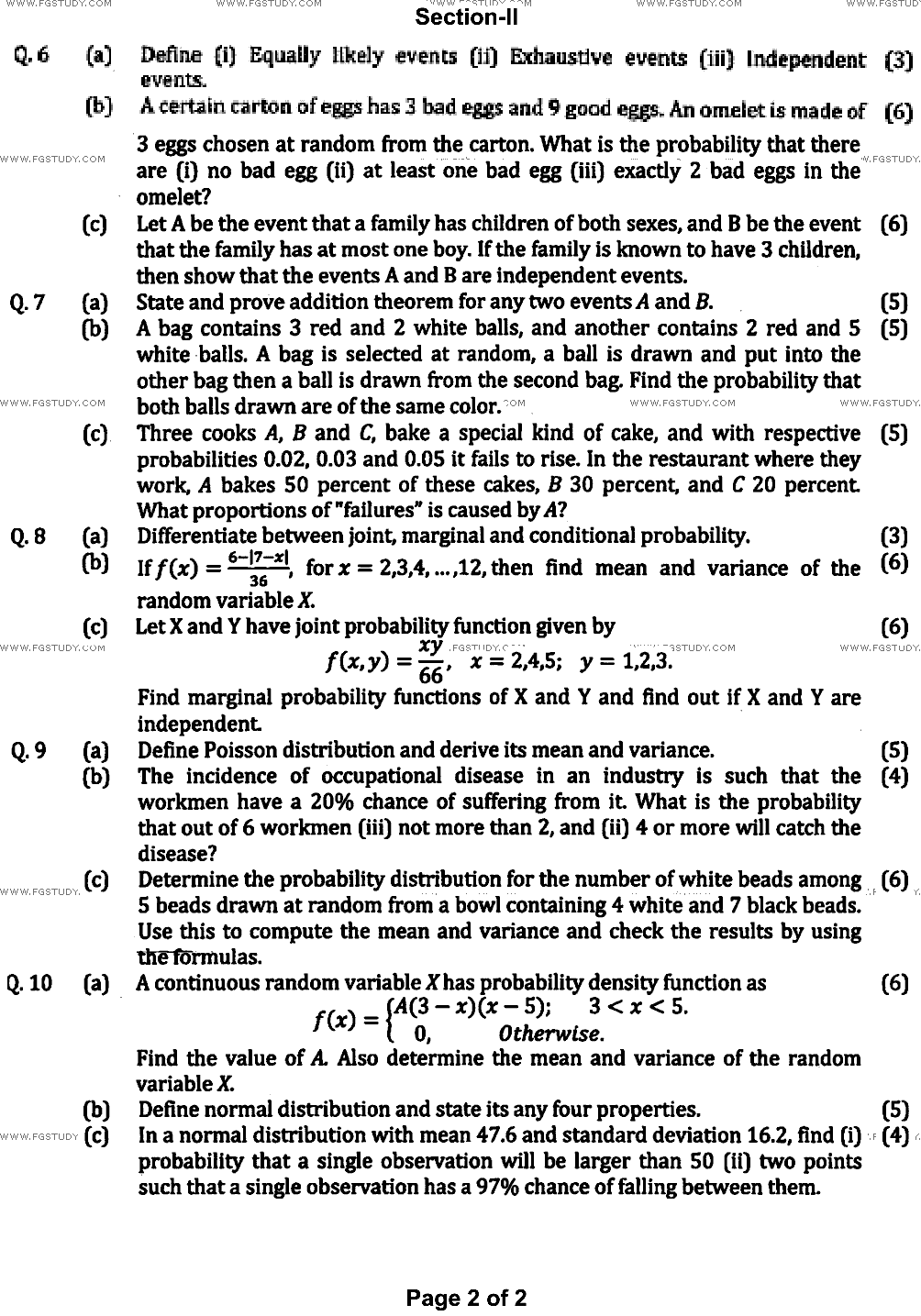 BSc Part 1 Statistics 1 Past Paper 2022 Punjab University Subjective