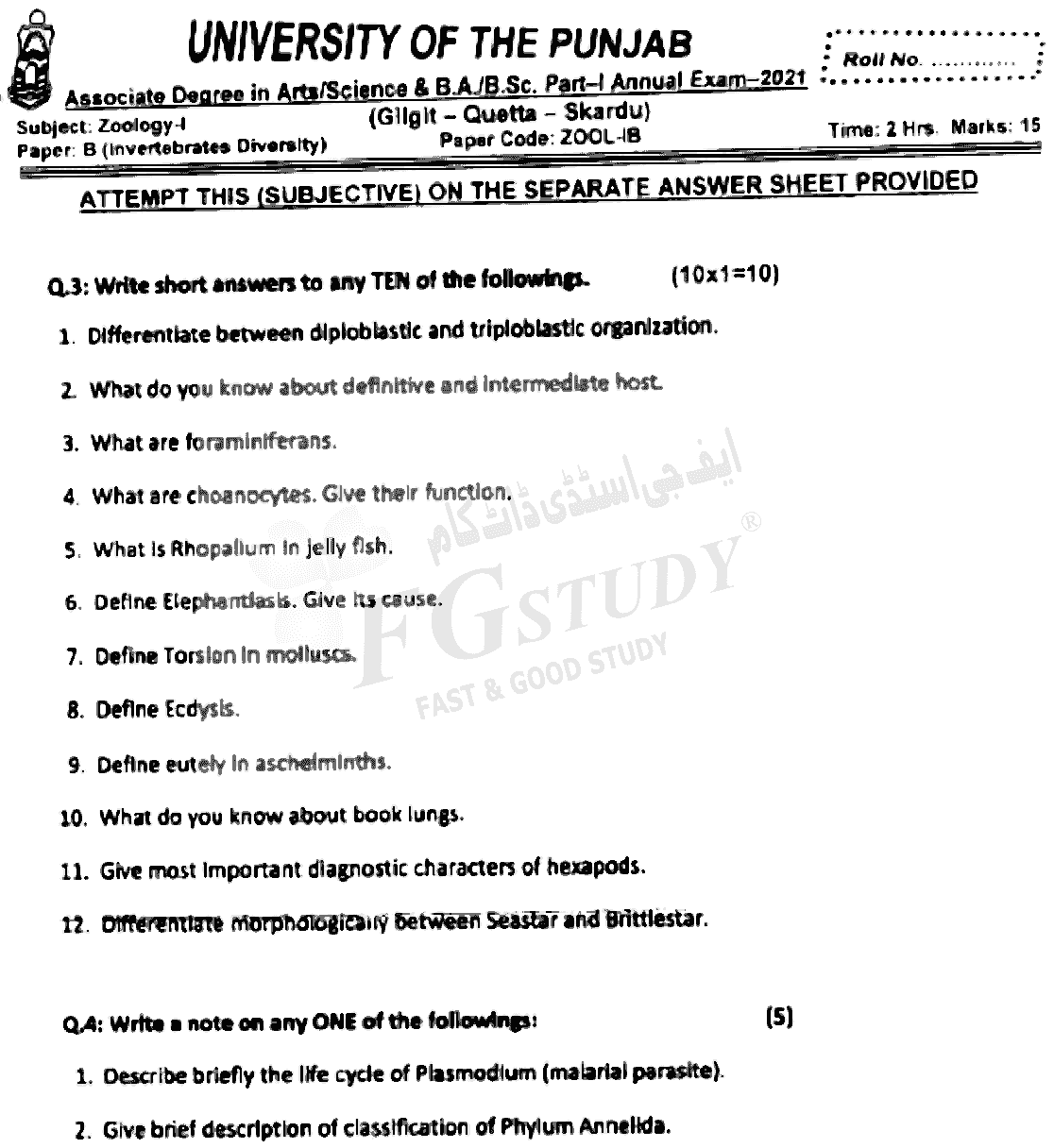BSc Part 1 Zoology 1 Invertebrates Diversity Past Paper 2021 Punjab University Subjective