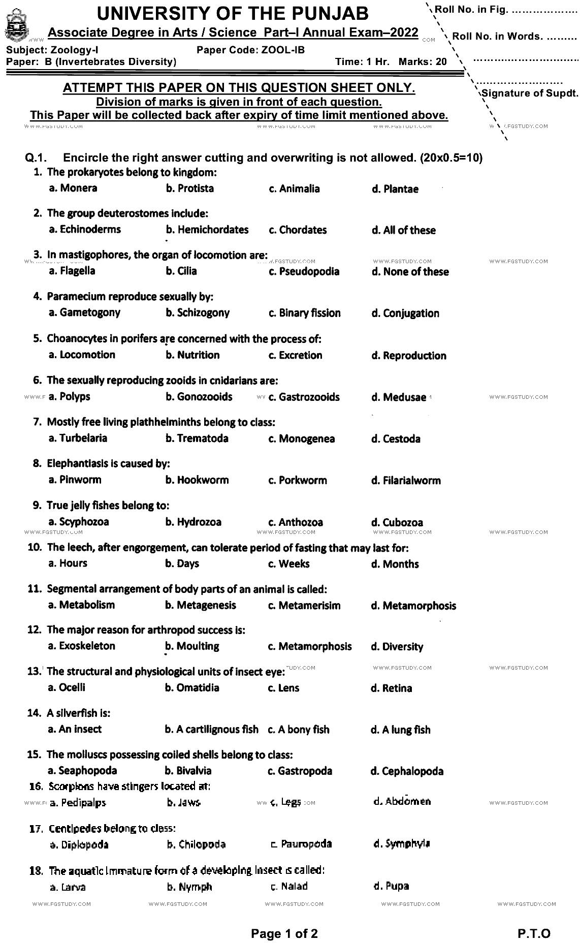 BSc Part 1 Zoology 1 Invertebrates Diversity Past Paper 2022 Punjab University Objective