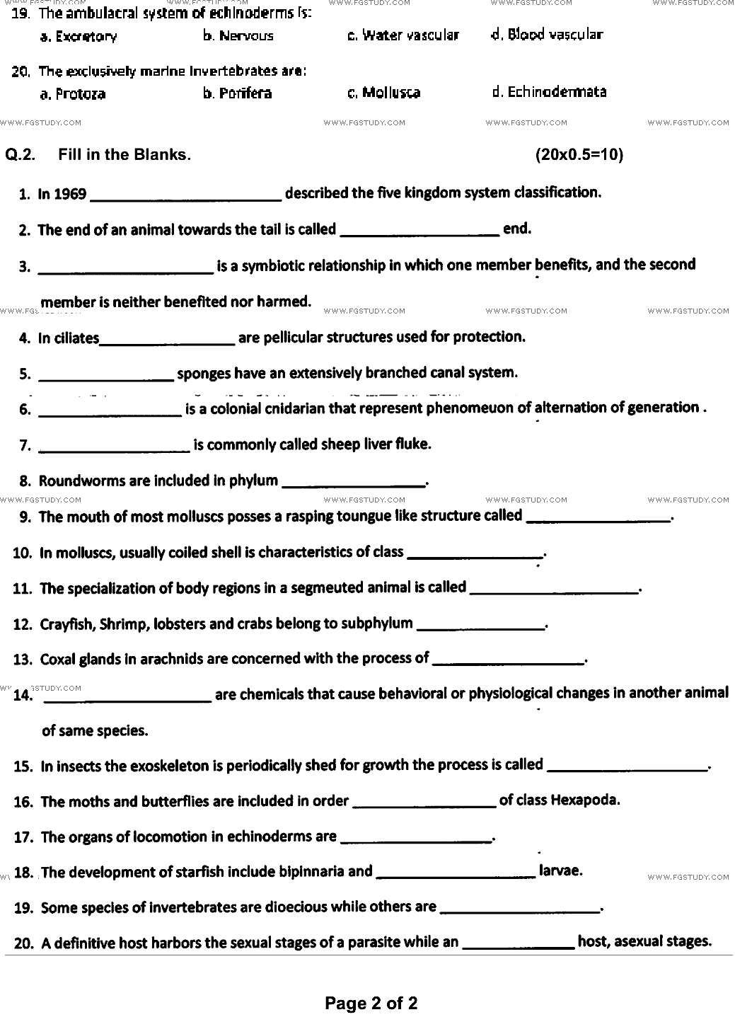 BSc Part 1 Zoology 1 Invertebrates Diversity Past Paper 2022 Punjab University Objective