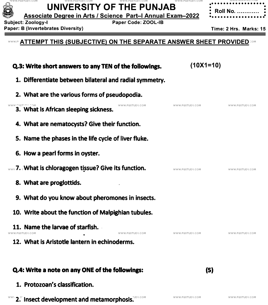 BSc Part 1 Zoology 1 Invertebrates Diversity Past Paper 2022 Punjab University Subjective