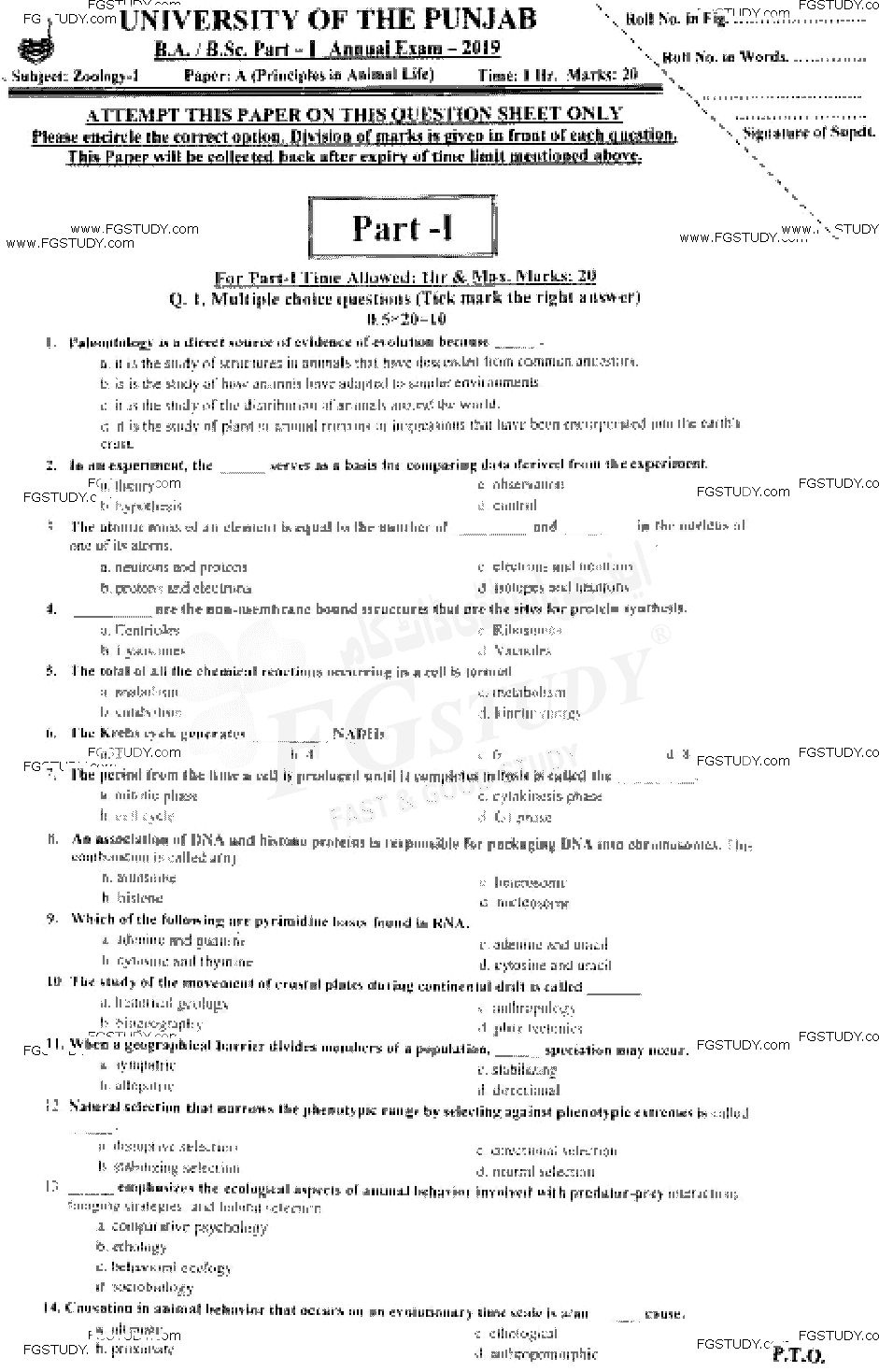 BSc Part 1 Zoology 1 Principles In Animal Life Past Paper 2019 Punjab University Objective