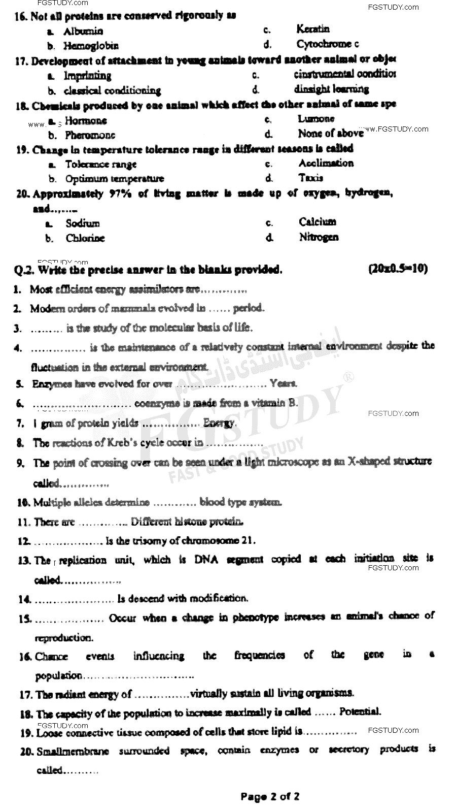 BSc Part 1 Zoology 1 Principles In Animal Life Past Paper 2021 Punjab University Objective