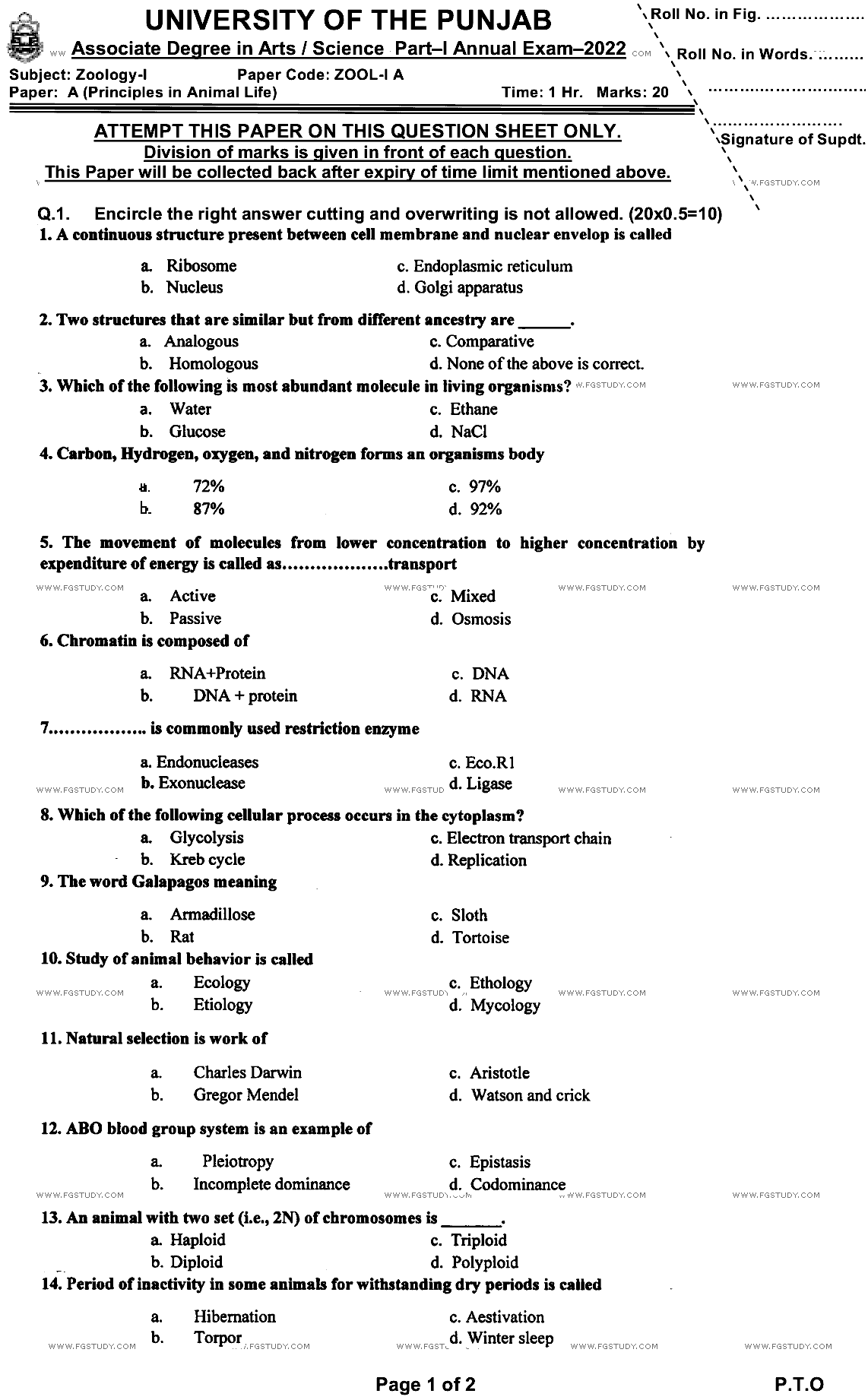 BSc Part 1 Zoology 1 Principles In Animal Life Past Paper 2022 Punjab University Objective