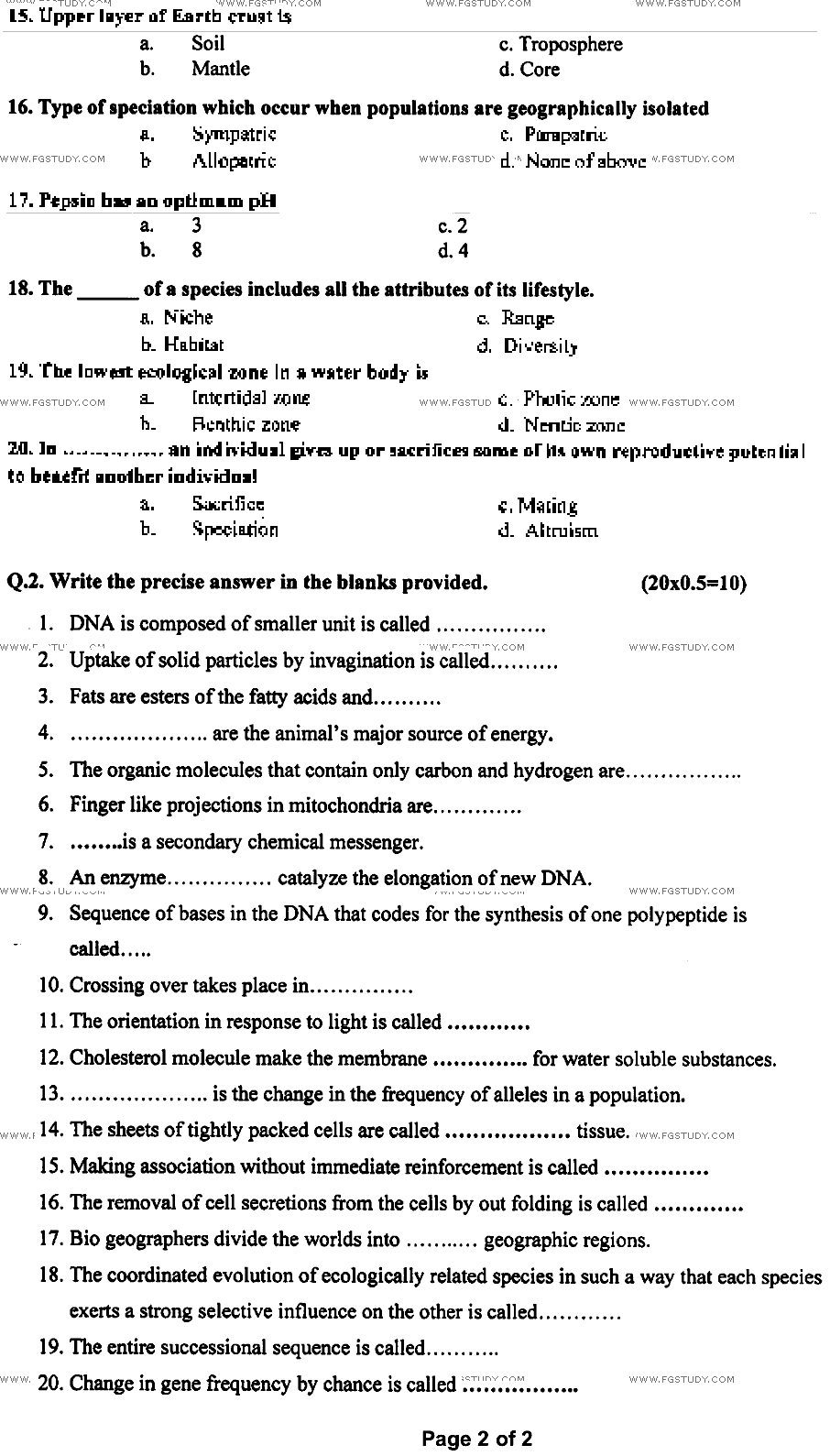 BSc Part 1 Zoology 1 Principles In Animal Life Past Paper 2022 Punjab University Objective