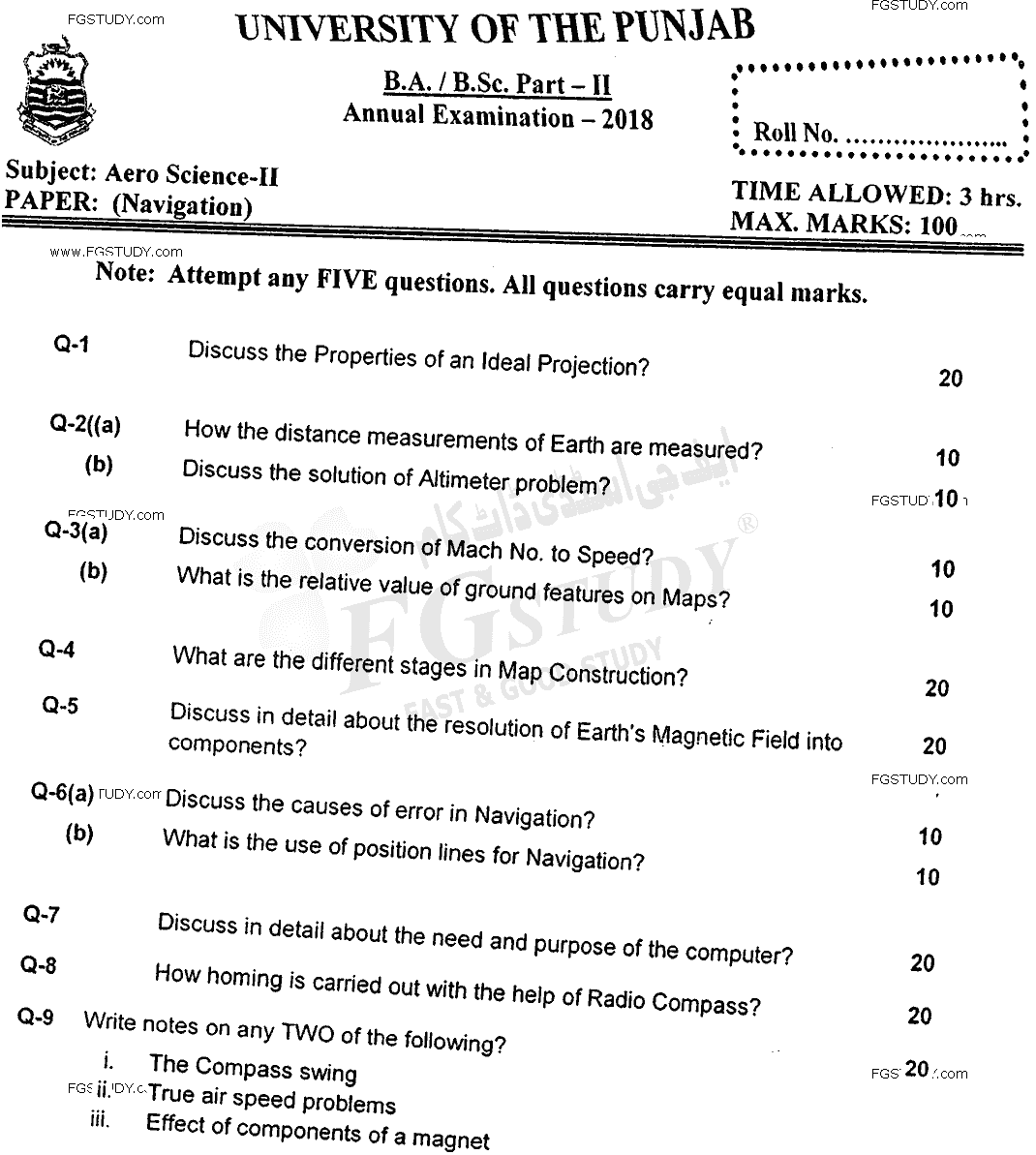 BSc Part 2 Aero Science 2 Navigation Past Paper 2018 Punjab University