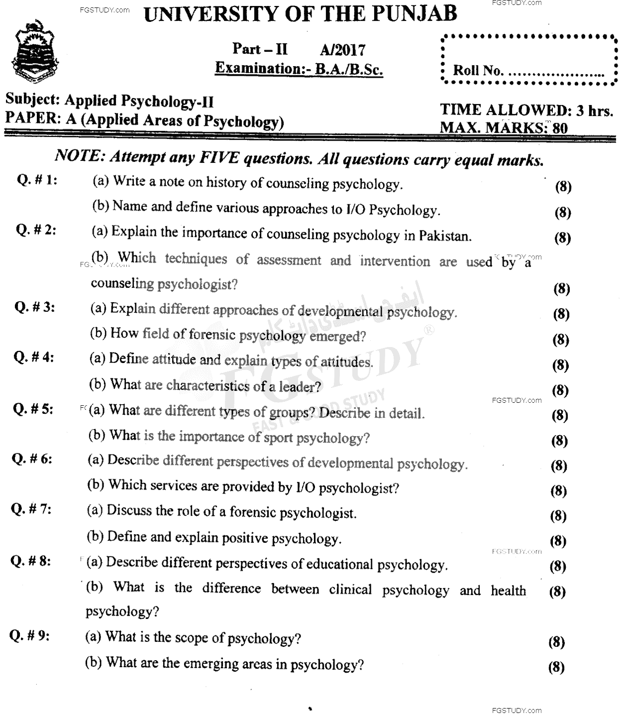 BSc Part 2 Applied Psychology 2 Applied Areas Of Psychology Past Paper 2017 Punjab University