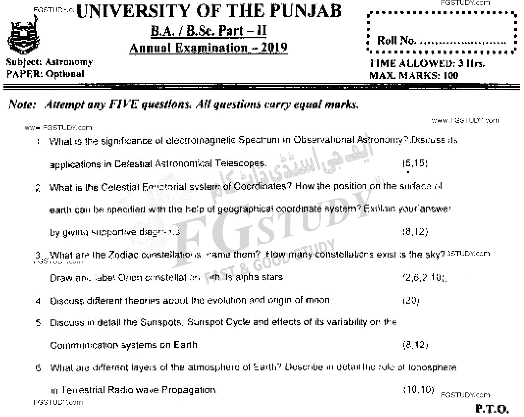BSc Part 2 Astronomy Optional Past Paper 2019 Punjab University
