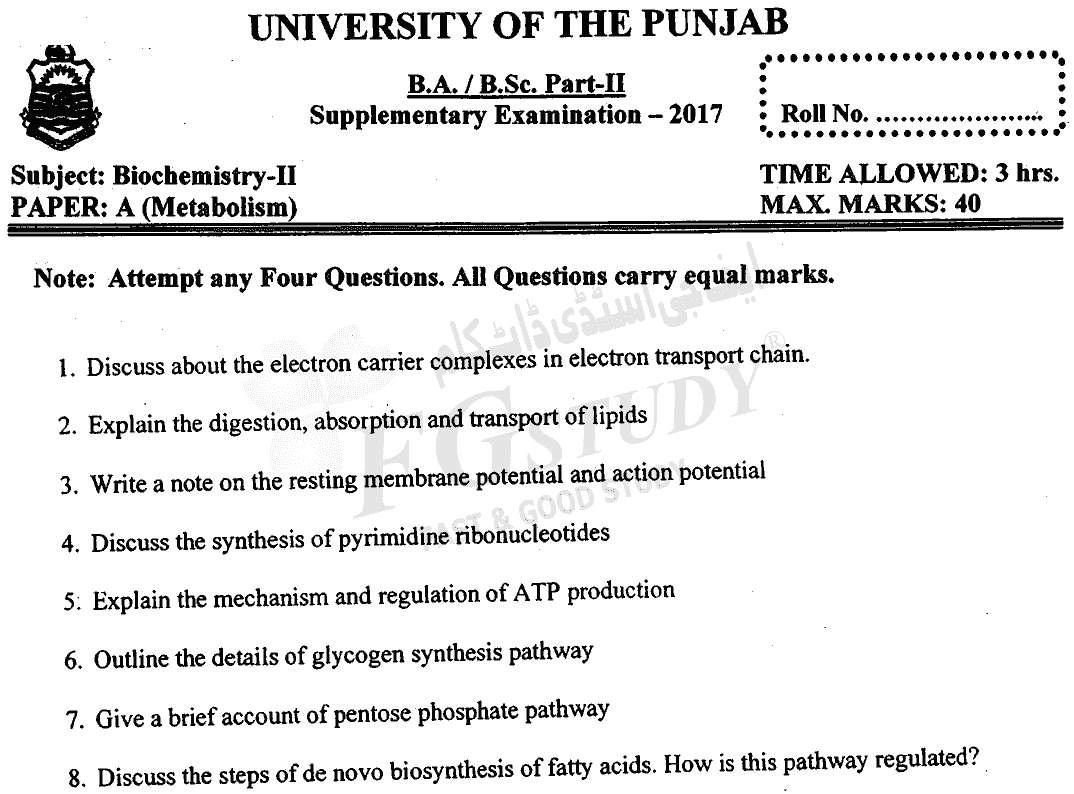 BSc Part 2 Biochemistry 2 Metabolism Past Paper 2017 Punjab University