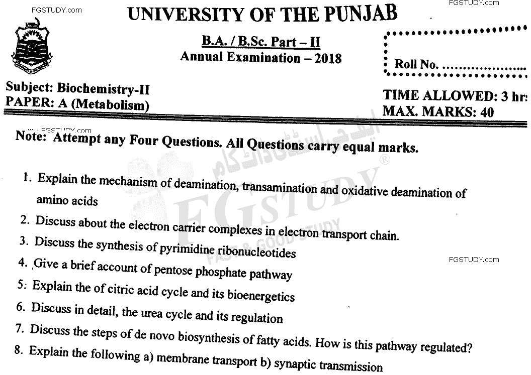 BSc Part 2 Biochemistry 2 Metabolism Past Paper 2018 Punjab University