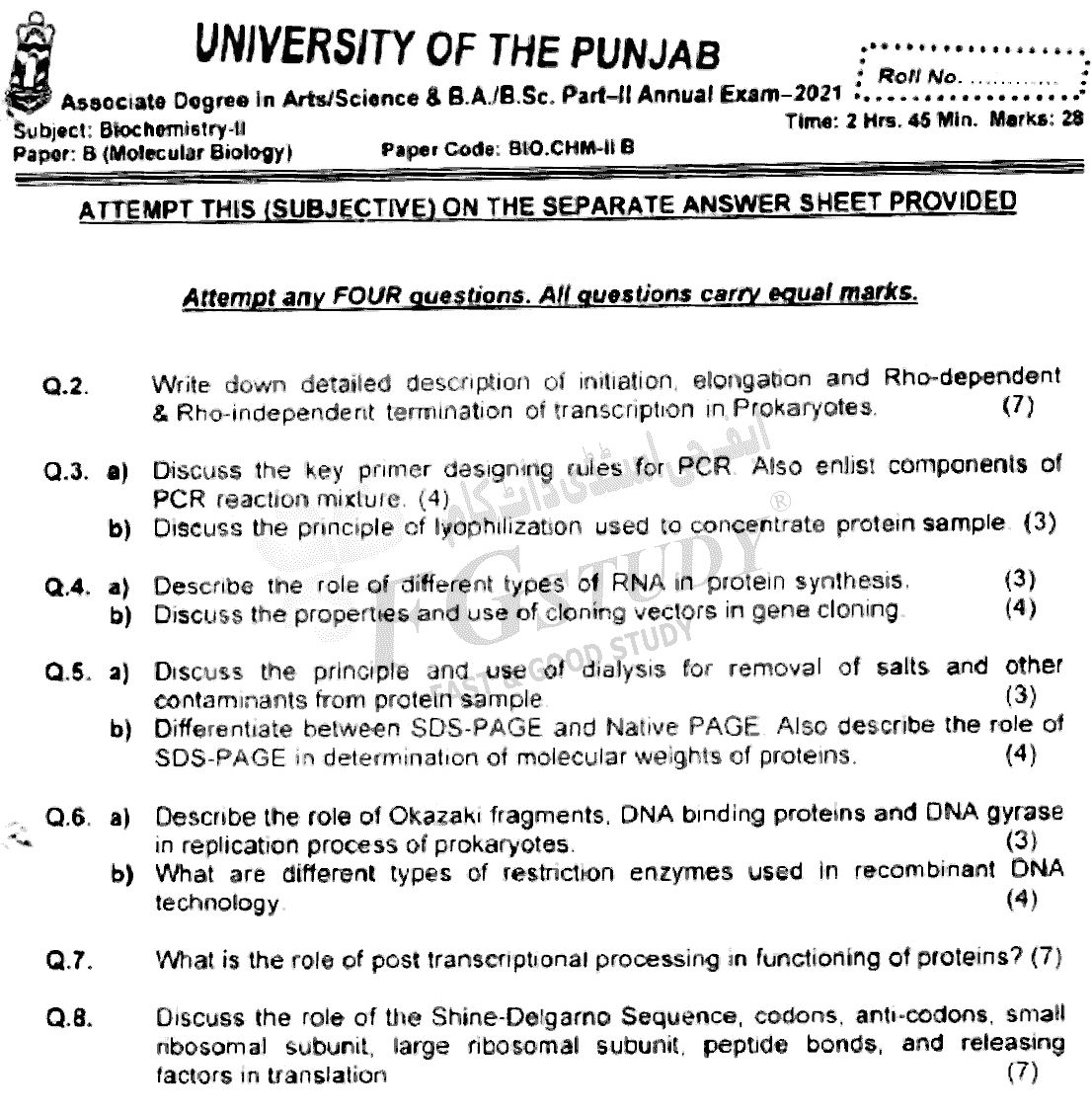 BSc Part 2 Biochemistry 2 Molecular Biology Past Paper 2021 Punjab University Subjective