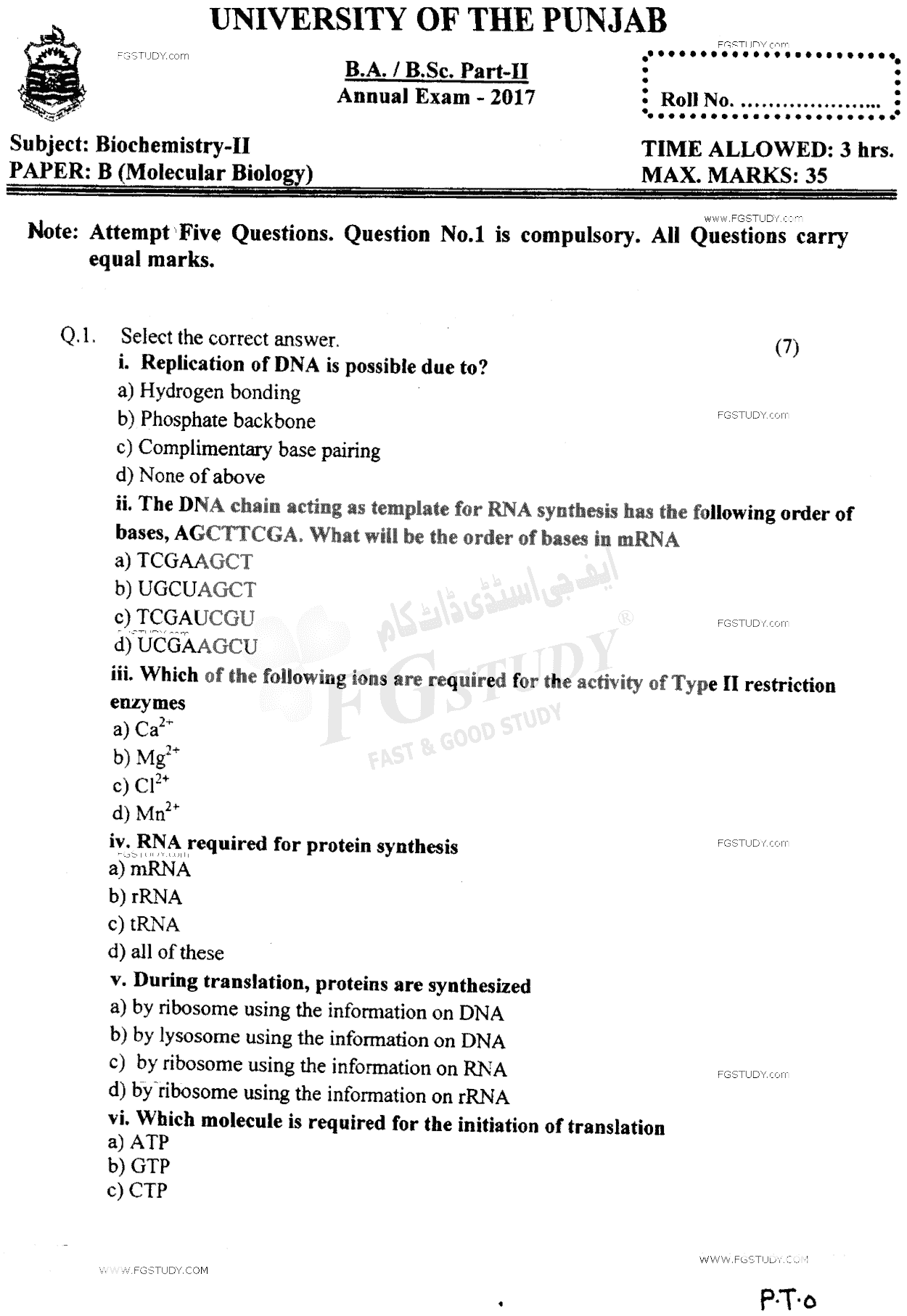 BSc Part 2 Biochemistry 2 Molecular Biology Past Paper 2017 Punjab University