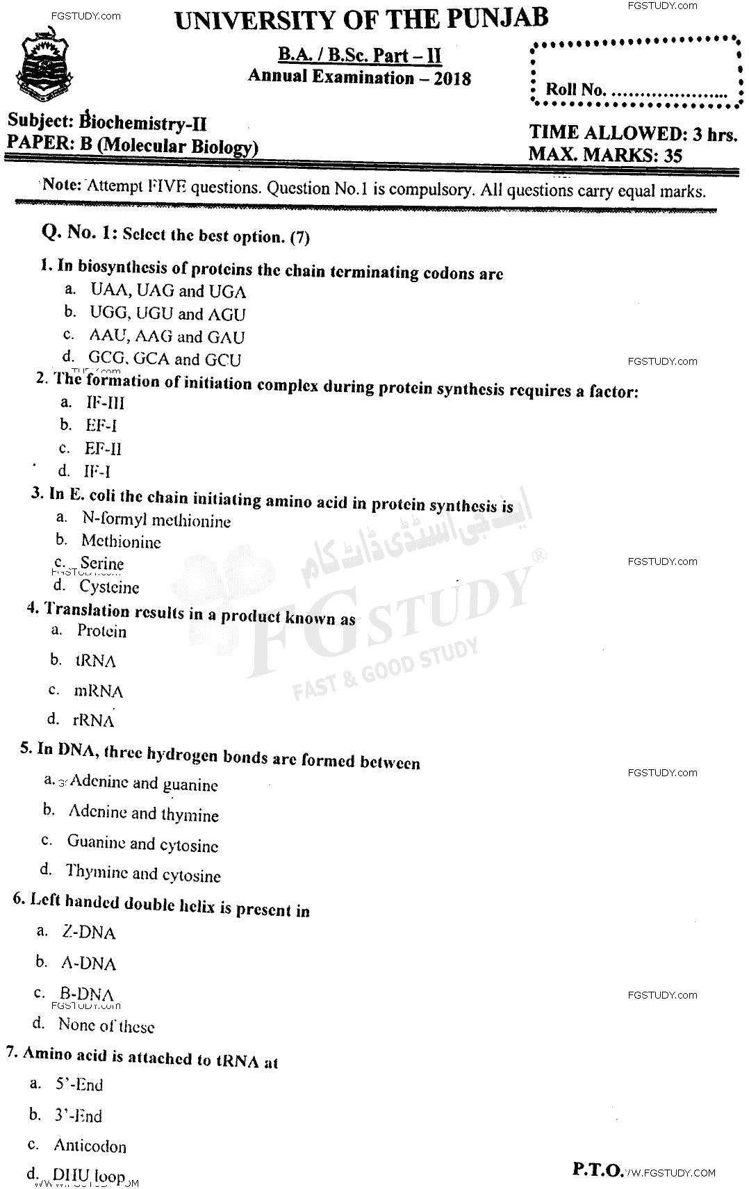 BSc Part 2 Biochemistry 2 Molecular Biology Past Paper 2018 Punjab University