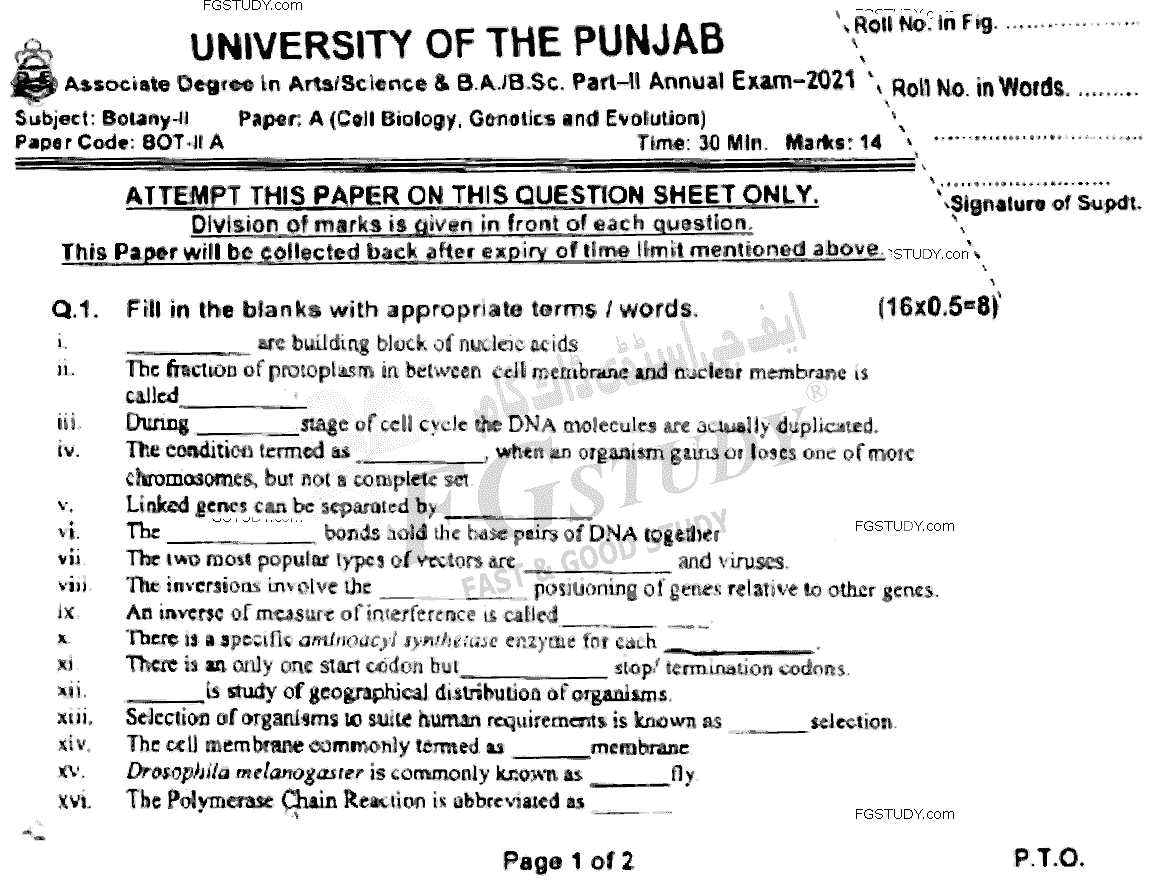 BSc Part 2 Botany 2 Cell Biology Genetics And Evolution Past Paper 2021 Punjab University Objective