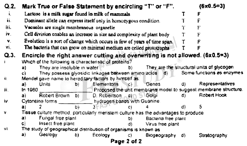 BSc Part 2 Botany 2 Cell Biology Genetics And Evolution Past Paper 2021 Punjab University Objective
