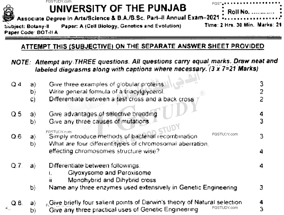 BSc Part 2 Botany 2 Cell Biology Genetics And Evolution Past Paper 2021 Punjab University Subjective