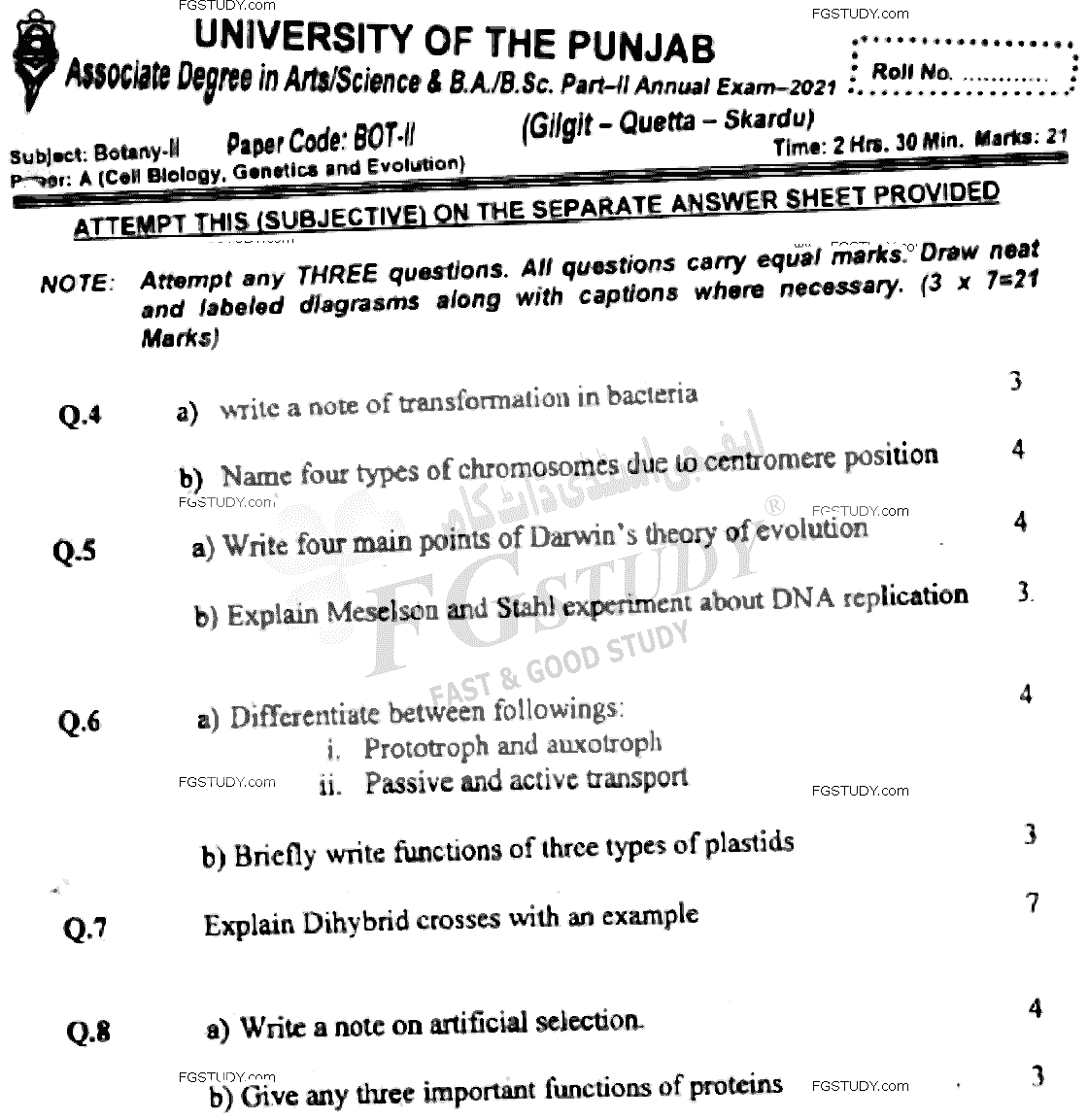 BSc Part 2 Botany 2 Cell Biology Genetics And Evolution Past Paper 2021 Punjab University Subjective