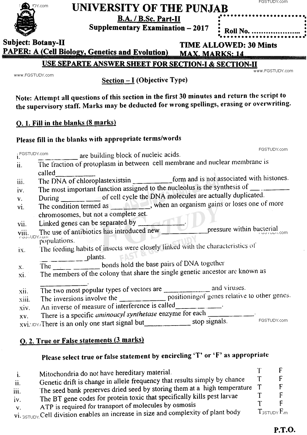 BSc Part 2 Botany 2 Cell Biology Genetics And Evolution Past Paper 2017 Punjab University Objective