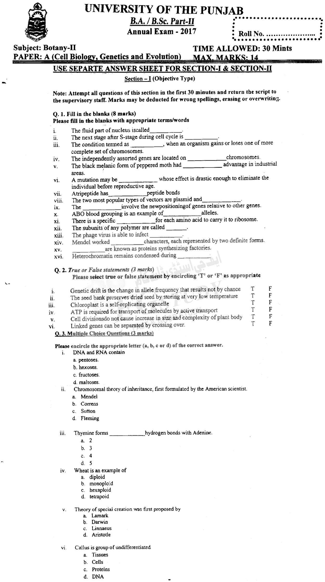 BSc Part 2 Botany 2 Cell Biology Genetics And Evolution Past Paper 2017 Punjab University Objective
