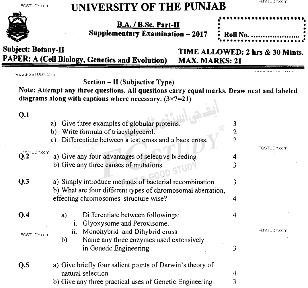 BSc Part 2 Botany 2 Cell Biology Genetics And Evolution Past Paper 2017 Punjab University Subjective