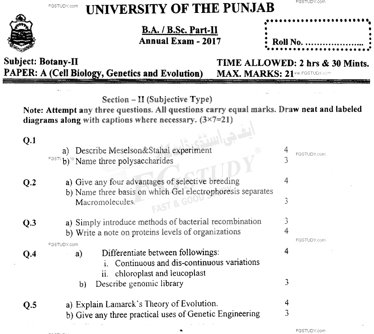 BSc Part 2 Botany 2 Cell Biology Genetics And Evolution Past Paper 2017 Punjab University Subjective