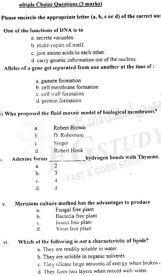 BSc Part 2 Botany 2 Cell Biology Genetics And Evolution Past Paper 2018 Punjab University Objective
