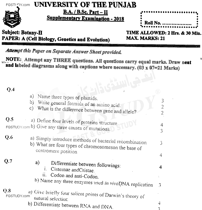 BSc Part 2 Botany 2 Cell Biology Genetics And Evolution Past Paper 2018 Punjab University Subjective