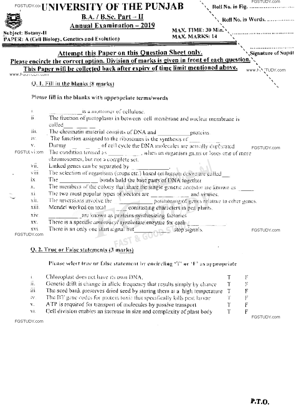 BSc Part 2 Botany 2 Cell Biology Genetics And Evolution Past Paper 2019 Punjab University Objective