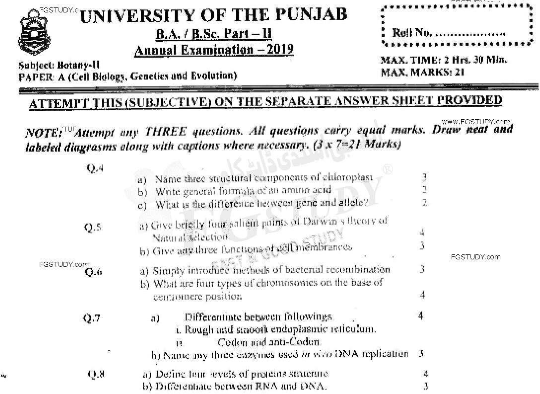 BSc Part 2 Botany 2 Cell Biology Genetics And Evolution Past Paper 2019 Punjab University Subjective