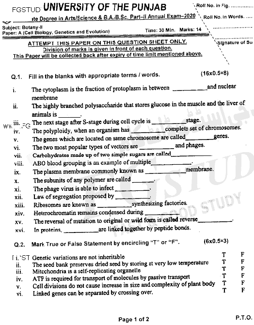BSc Part 2 Botany 2 Cell Biology Genetics And Evolution Past Paper 2020 Punjab University Objective