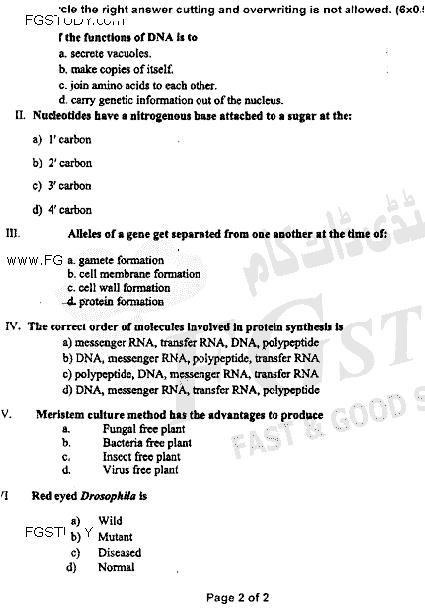 BSc Part 2 Botany 2 Cell Biology Genetics And Evolution Past Paper 2020 Punjab University Objective