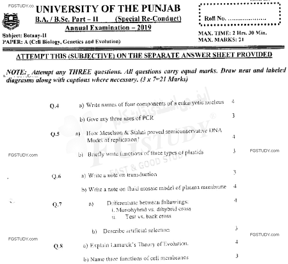 BSc Part 2 Botany 2 Cell Biology Genetics And Evolution Past Paper 2019 Punjab University Subjective