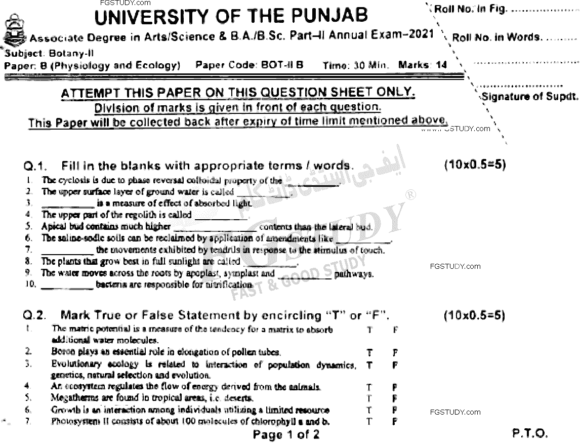BSc Part 2 Botany 2 Physiology And Ecology Past Paper 2021 Punjab University Objective