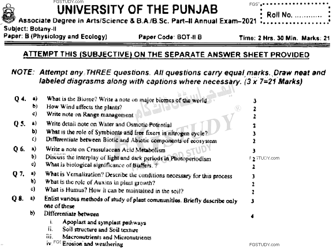BSc Part 2 Botany 2 Physiology And Ecology Past Paper 2021 Punjab University Subjective