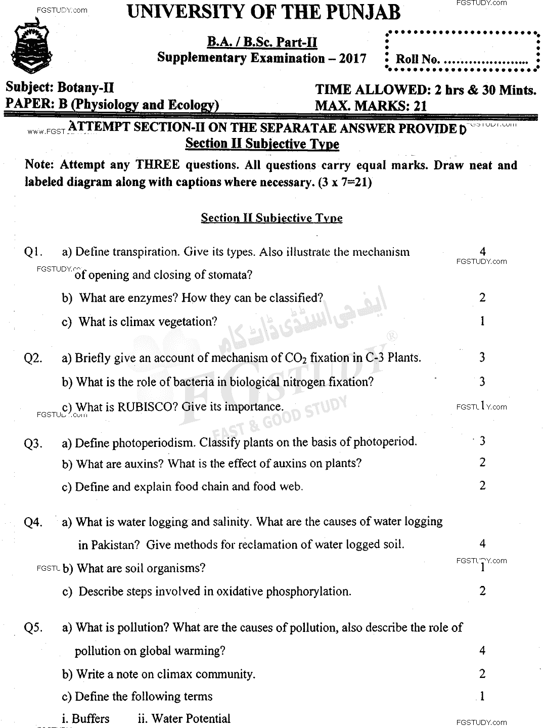 BSc Part 2 Botany 2 Physiology And Ecology Past Paper 2017 Punjab University Subjective