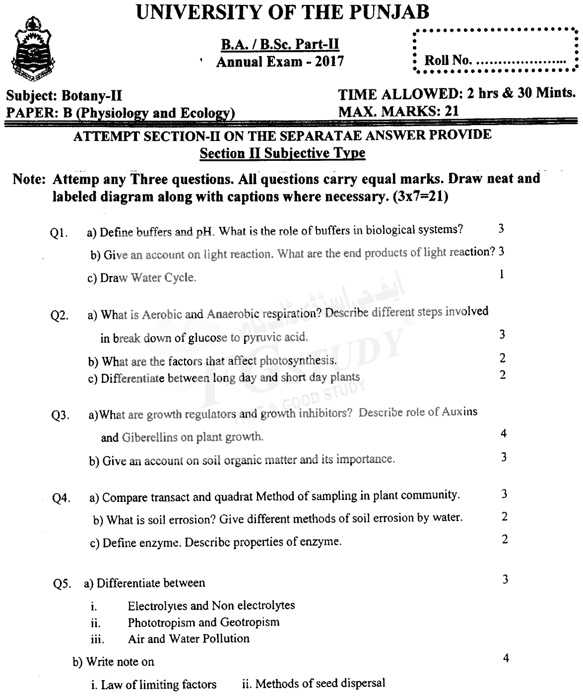BSc Part 2 Botany 2 Physiology And Ecology Past Paper 2017 Punjab University Subjective