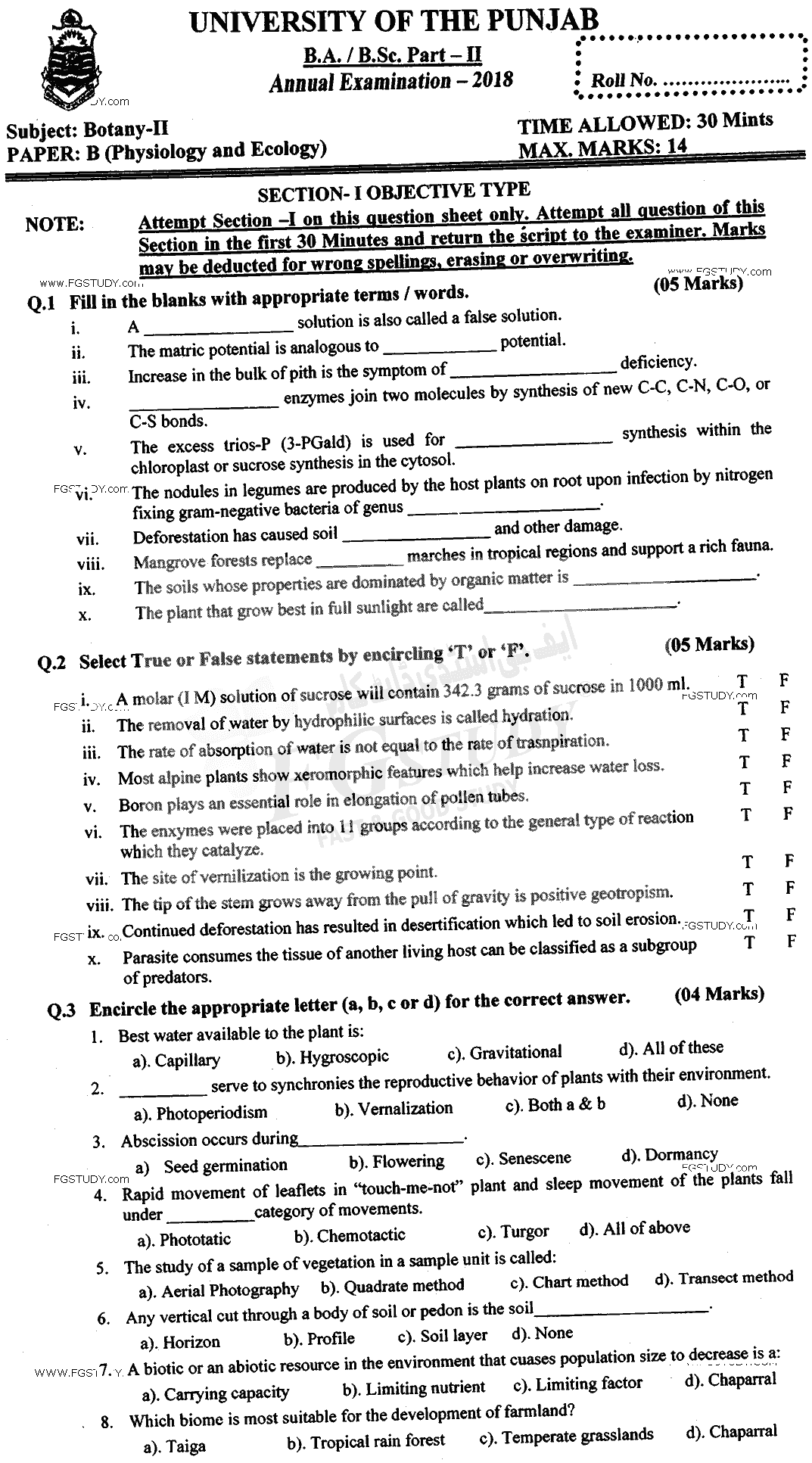 BSc Part 2 Botany 2 Physiology And Ecology Past Paper 2018 Punjab University Objective