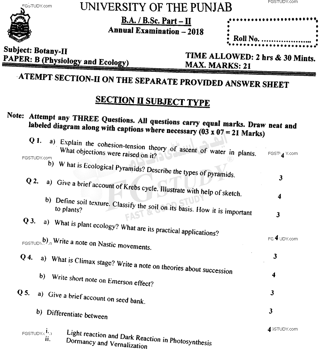 BSc Part 2 Botany 2 Physiology And Ecology Past Paper 2018 Punjab University Subjective