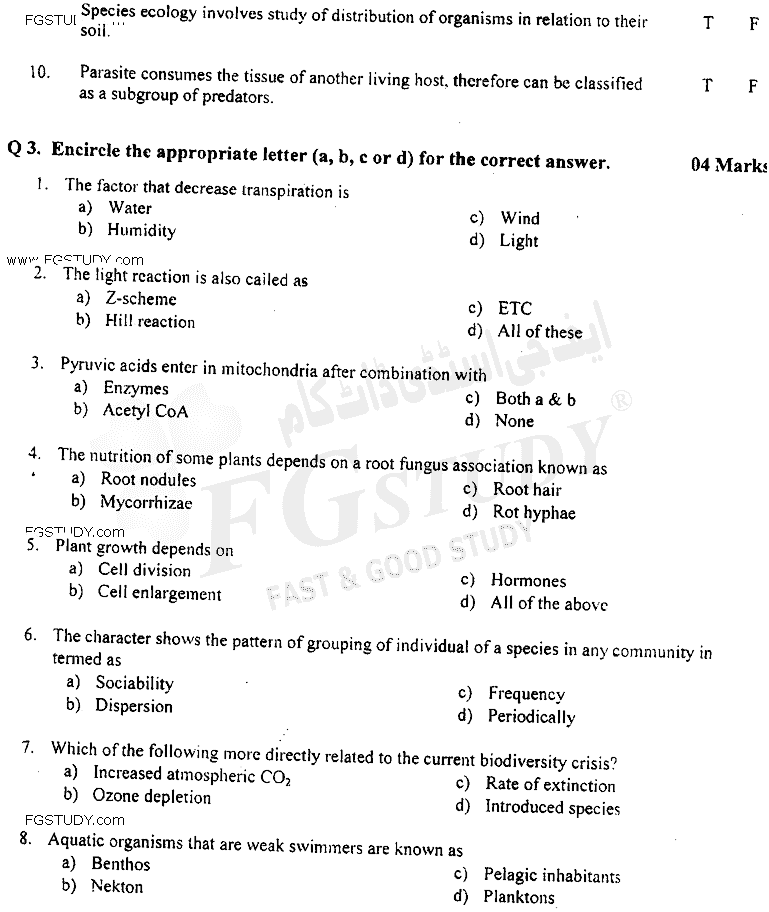 BSc Part 2 Botany 2 Physiology And Ecology Past Paper 2018 Punjab University Objective