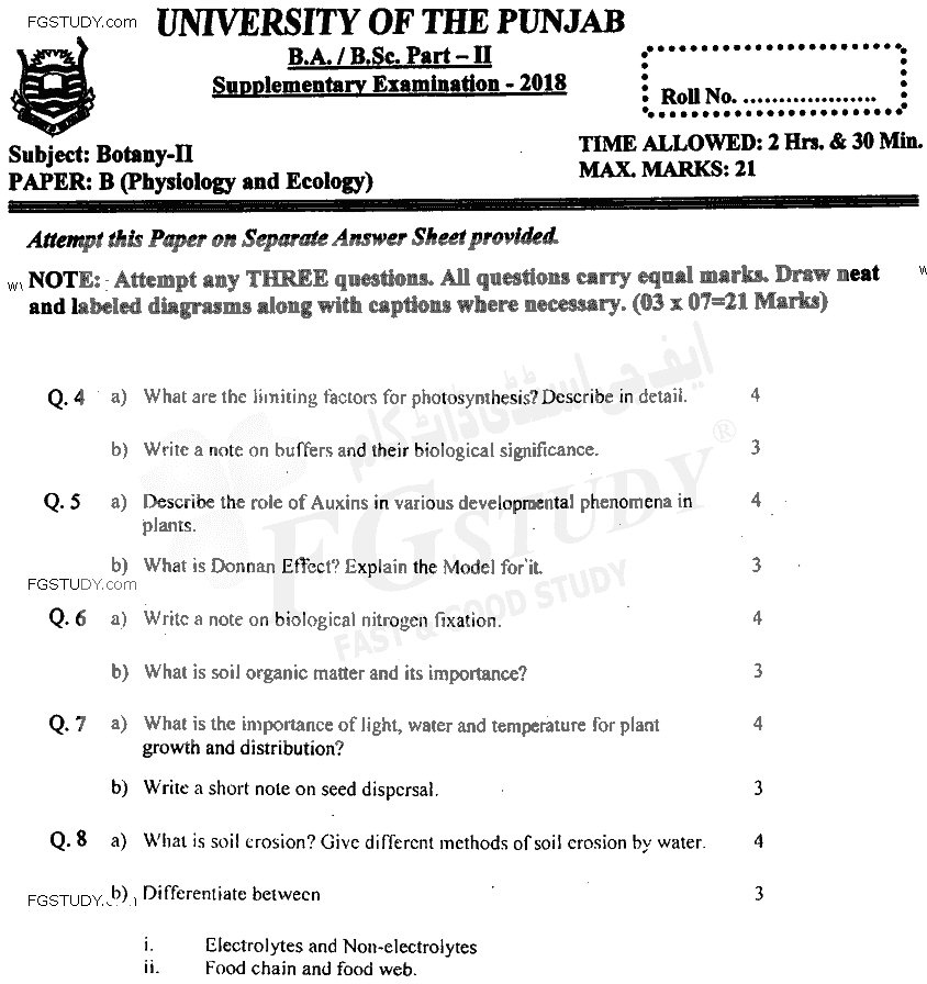BSc Part 2 Botany 2 Physiology And Ecology Past Paper 2018 Punjab University Subjective