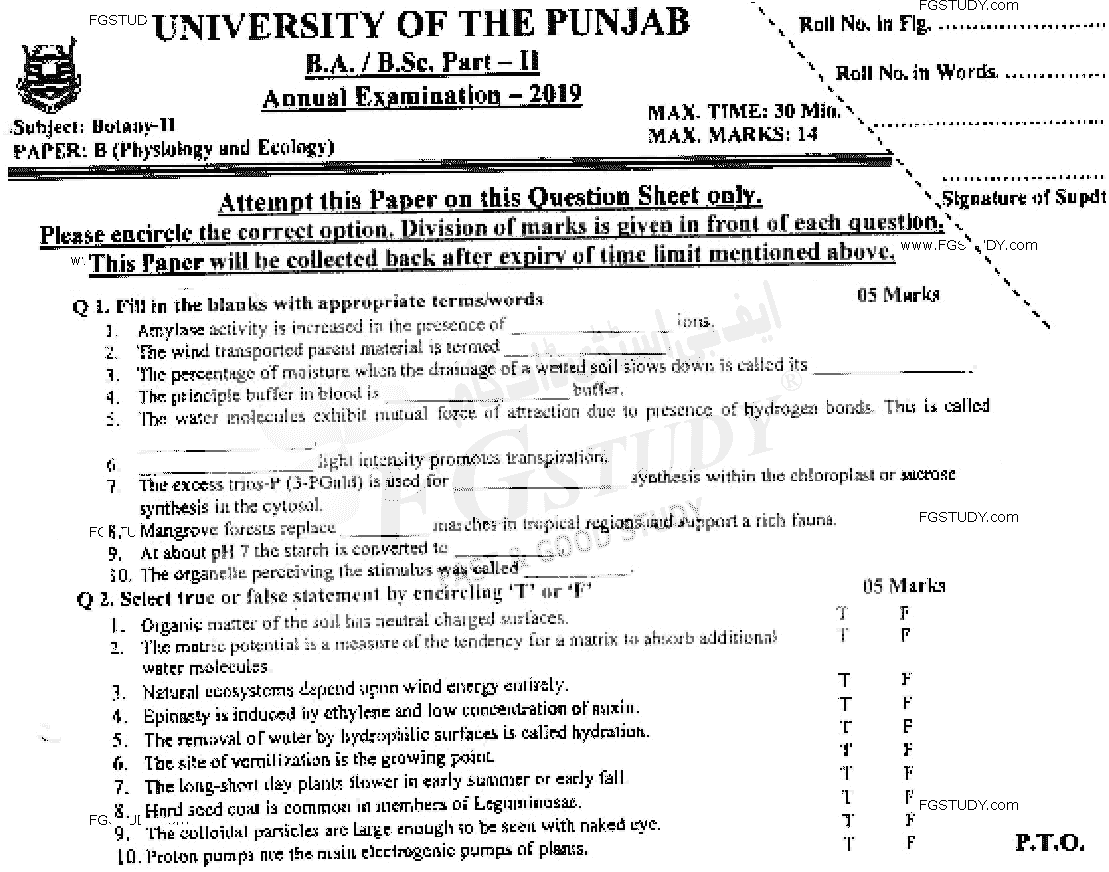 BSc Part 2 Botany 2 Physiology And Ecology Past Paper 2019 Punjab University Objective