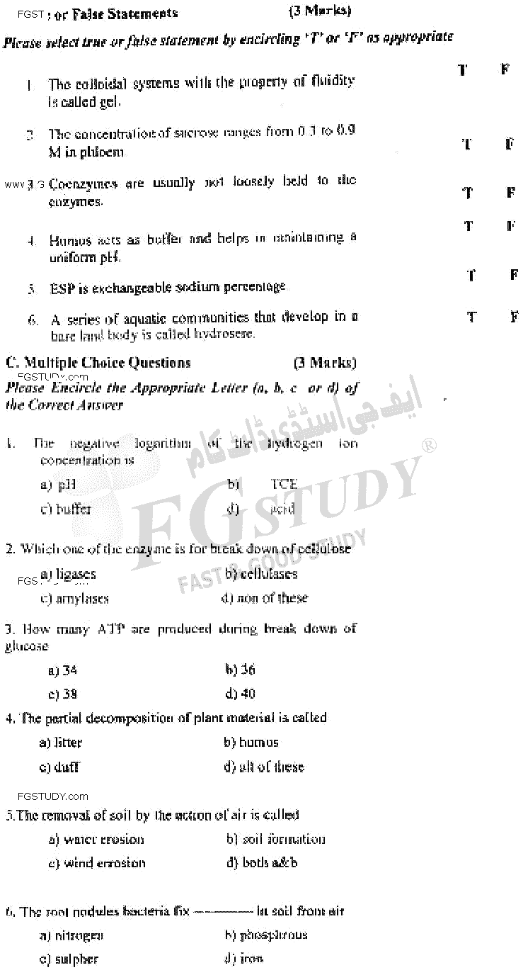 BSc Part 2 Botany 2 Physiology And Ecology Past Paper 2019 Punjab University Objective