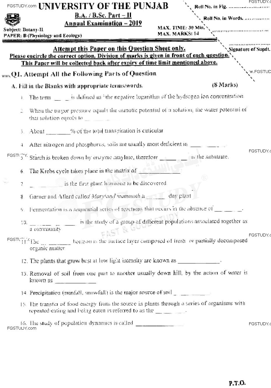 BSc Part 2 Botany 2 Physiology And Ecology Past Paper 2019 Punjab University Objective