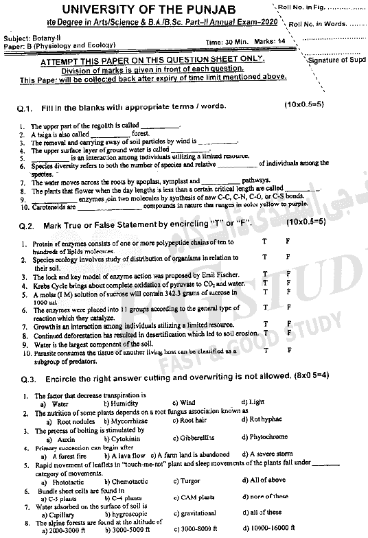 BSc Part 2 Botany 2 Physiology And Ecology Past Paper 2020 Punjab University Objective