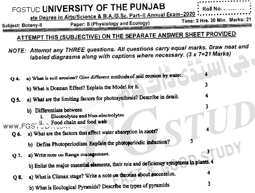 BSc Part 2 Botany 2 Physiology And Ecology Past Paper 2020 Punjab University Subjective